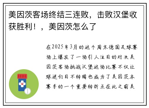 美因茨客场终结三连败，击败汉堡收获胜利！，美因茨怎么了